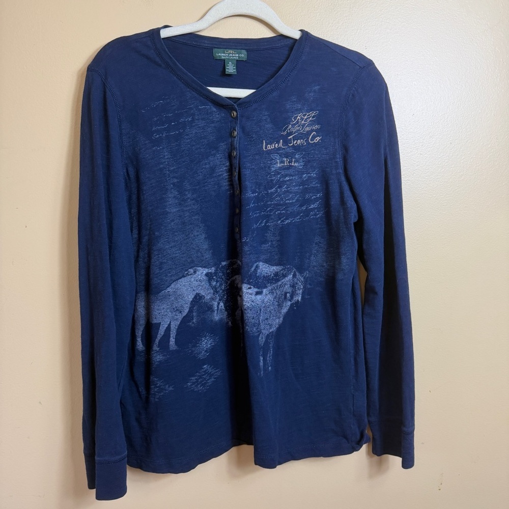 Vintage Lauren, Ralph Lauren blue long sleeve horse, Henley. XL. - Picture 2 of 7